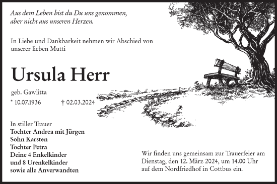 Traueranzeige von Ursula Herr von Lausitzer Rundschau