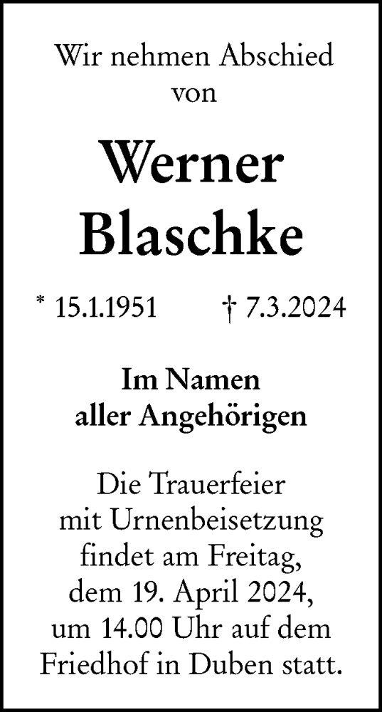 Traueranzeige von Werner Blaschke von Lausitzer Rundschau
