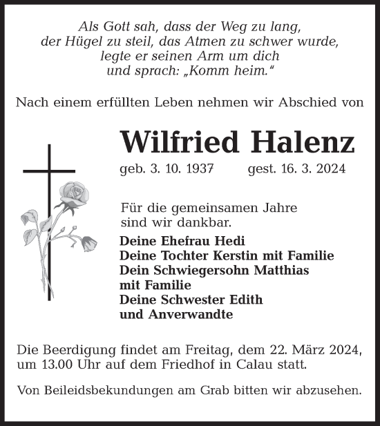 Traueranzeige von Wilfried Halenz von Lausitzer Rundschau