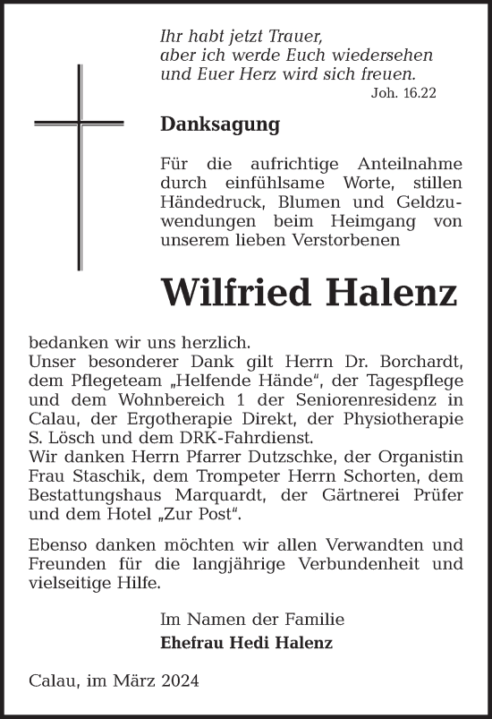 Traueranzeige von Wilfried Halenz von Lausitzer Rundschau