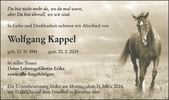 Traueranzeige von Wolfgang Kappel von Lausitzer Rundschau