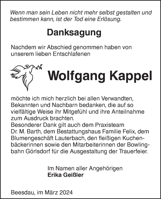 Traueranzeige von Wolfgang Kappel von Lausitzer Rundschau