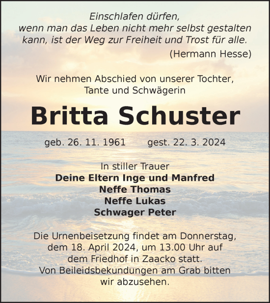 Traueranzeige von Britta Schuster von Lausitzer Rundschau