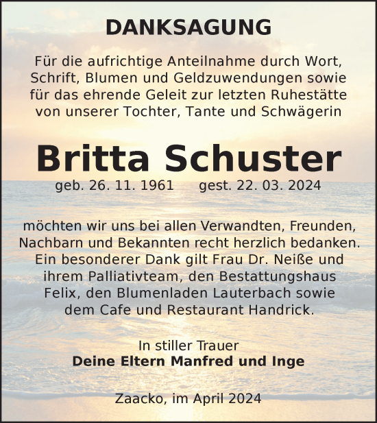 Traueranzeige von Britta Schuster von Lausitzer Rundschau