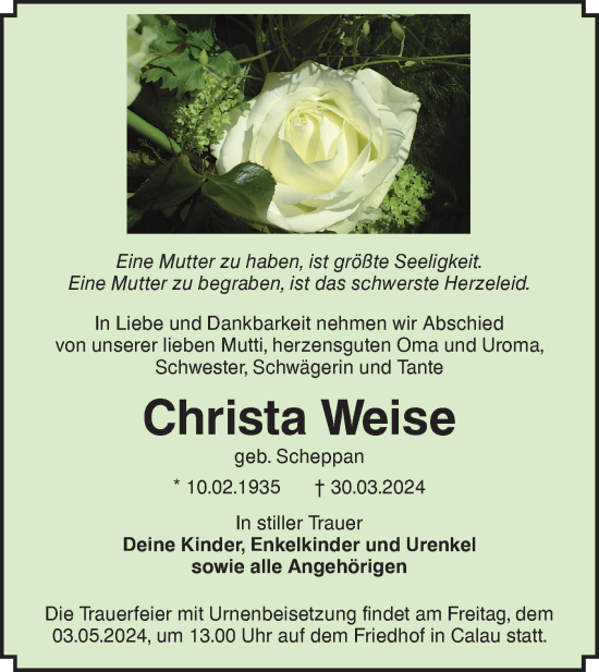 Traueranzeige von Christa Weise von Lausitzer Rundschau