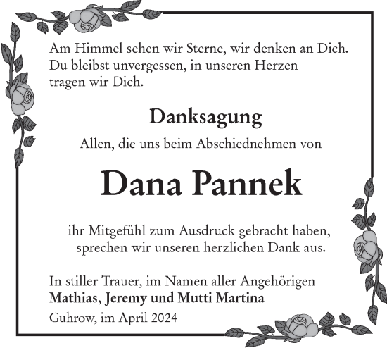 Traueranzeige von Dana Pannek von Lausitzer Rundschau