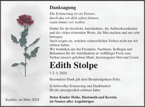 Traueranzeige von Edith Stolpe von Lausitzer Rundschau