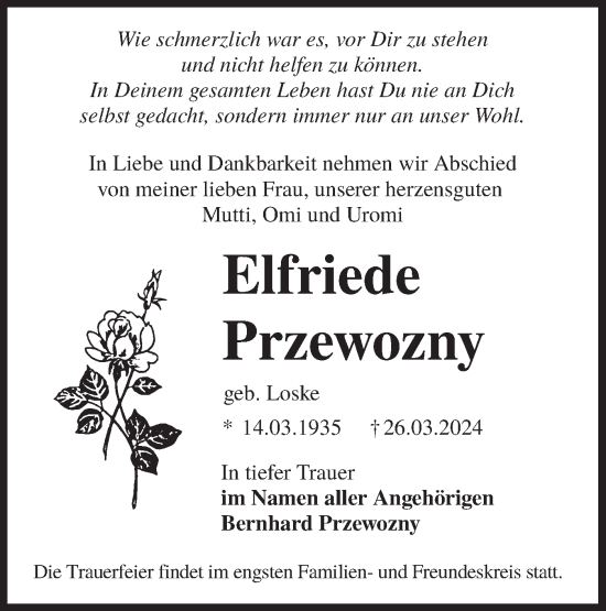 Traueranzeige von Elfriede Przewozny von Lausitzer Rundschau