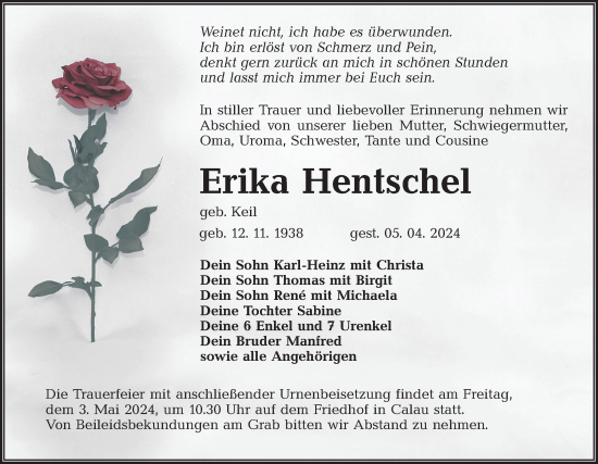 Traueranzeige von Erika Hentschel von Lausitzer Rundschau