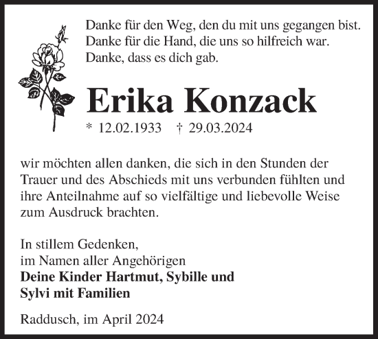 Traueranzeige von Erika Konzack von Lausitzer Rundschau