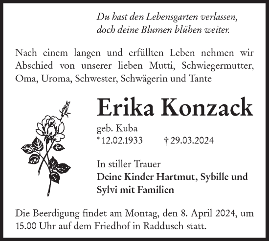 Traueranzeige von Erika Konzack von Lausitzer Rundschau