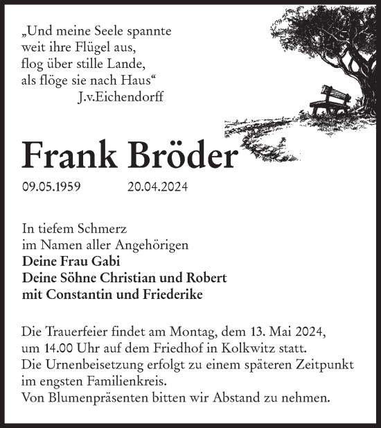 Traueranzeige von Frank Bröder von Lausitzer Rundschau