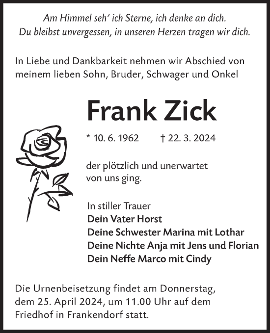Traueranzeige von Frank Zick von Lausitzer Rundschau