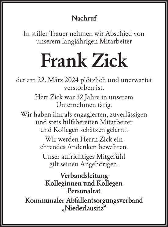 Traueranzeige von Frank Zick von Lausitzer Rundschau