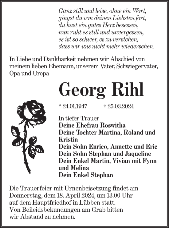 Traueranzeige von Georg Rihl von Lausitzer Rundschau