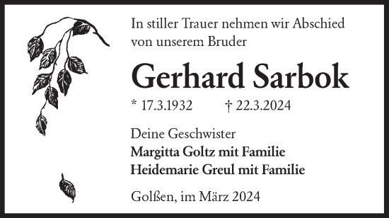 Traueranzeige von Gerhard Sarbok von Lausitzer Rundschau