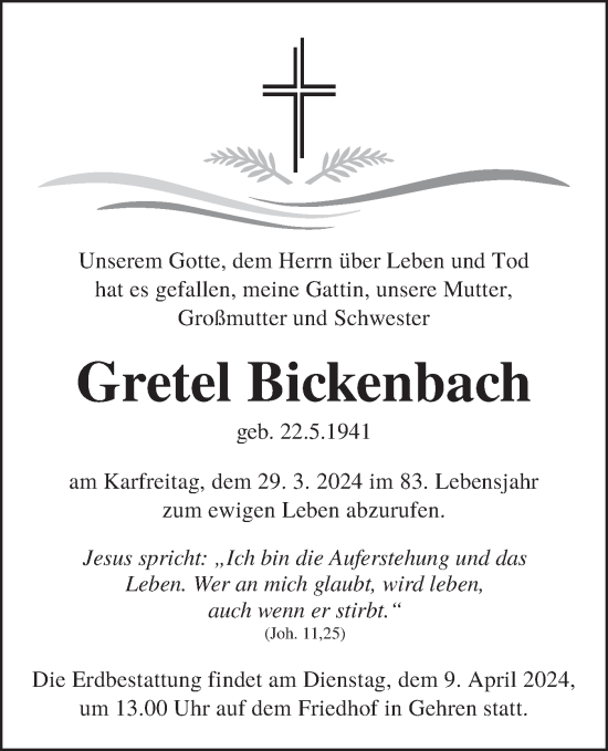 Traueranzeige von Gretel Bickenbach von Lausitzer Rundschau