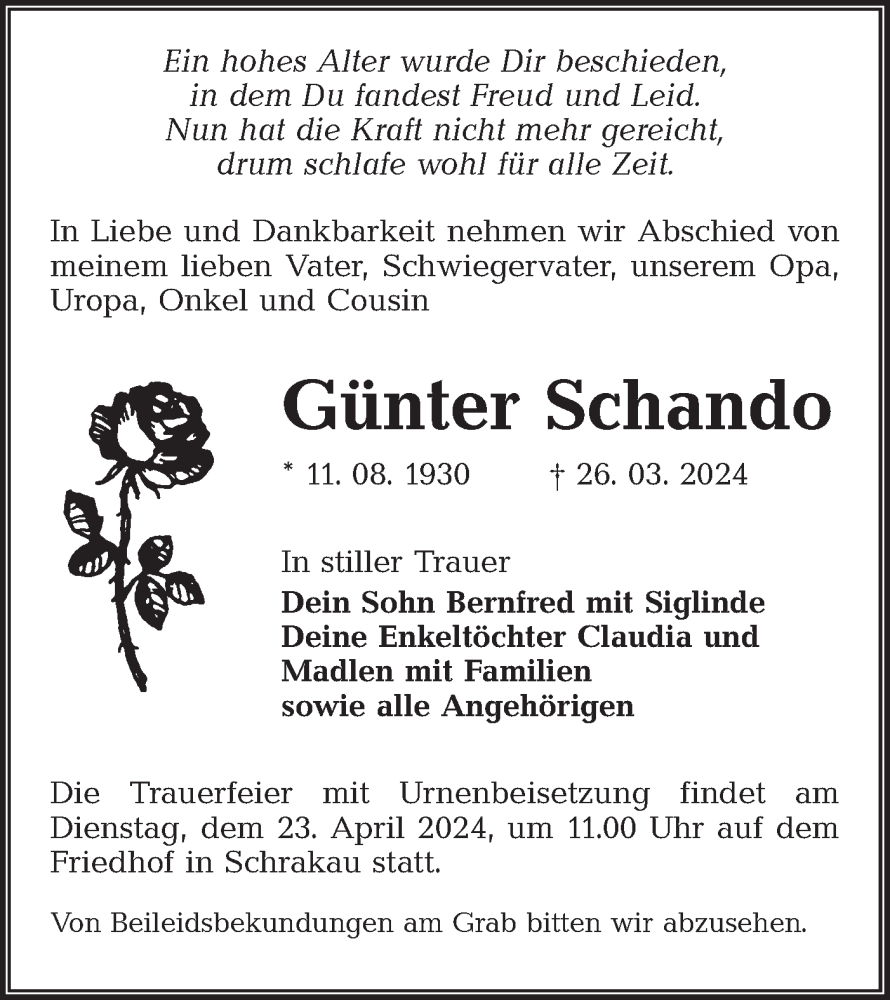  Traueranzeige für Günter Schando vom 06.04.2024 aus Lausitzer Rundschau