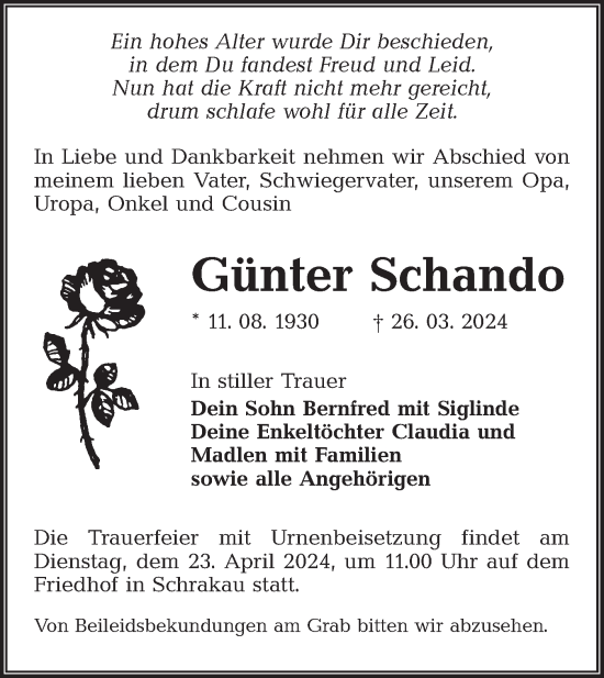 Traueranzeige von Günter Schando von Lausitzer Rundschau