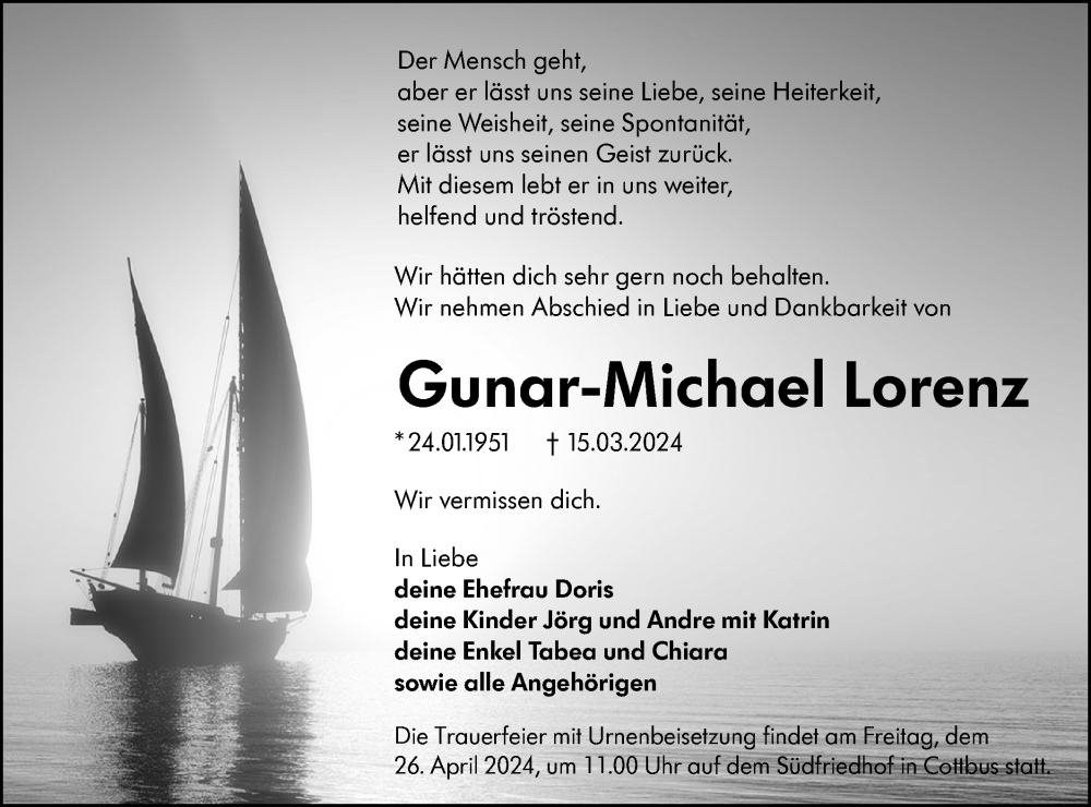  Traueranzeige für Gunar-Michael Lorenz vom 20.04.2024 aus Lausitzer Rundschau