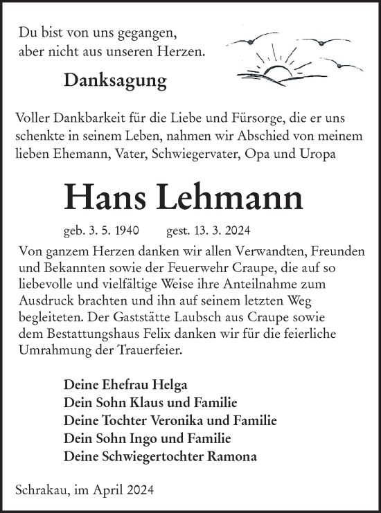 Traueranzeige von Hans Lehmann von Lausitzer Rundschau