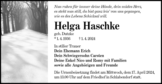 Traueranzeige von Helga Haschke von Lausitzer Rundschau
