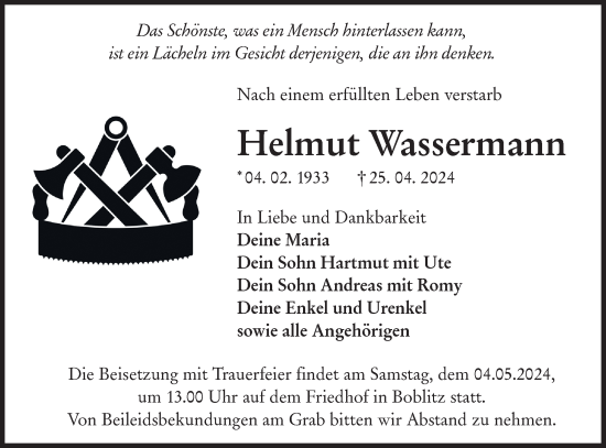 Traueranzeige von Helmut Wassermann von Lausitzer Rundschau