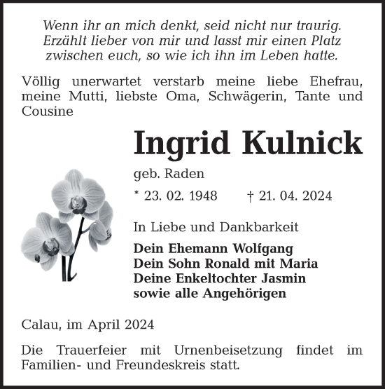 Traueranzeige von Ingrid Kulnick von Lausitzer Rundschau