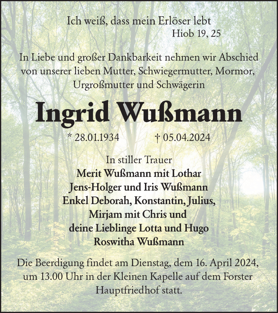  Traueranzeige für Ingrid Wußmann vom 13.04.2024 aus Lausitzer Rundschau