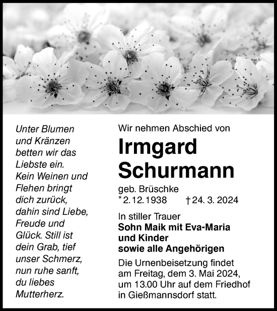 Traueranzeige von Irmgard Schurmann von Lausitzer Rundschau