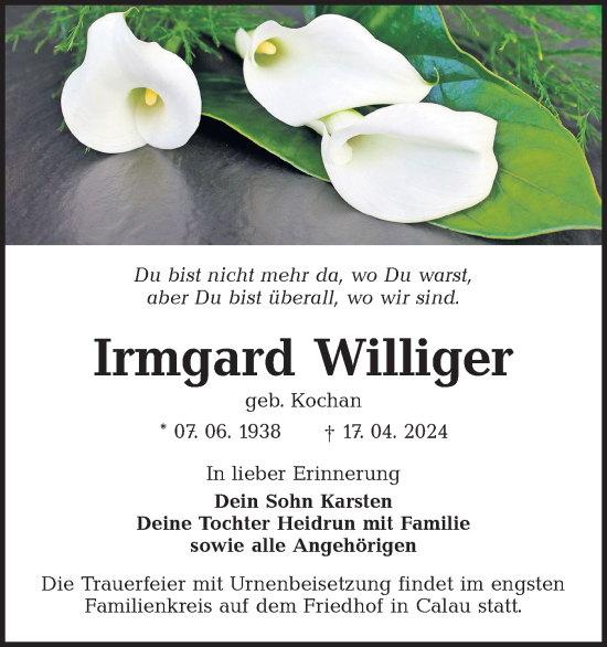 Traueranzeige von Irmgard Williger von Lausitzer Rundschau