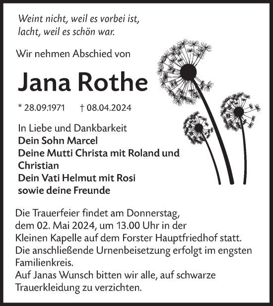 Traueranzeige von Jana Rothe von Lausitzer Rundschau