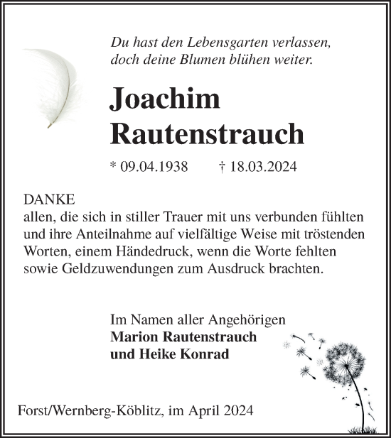 Traueranzeige von Joachim Rautenstrauch von Lausitzer Rundschau