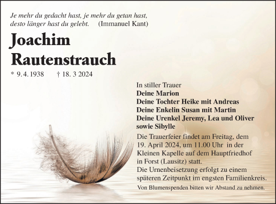 Traueranzeige von Joachim Rautenstrauch von Lausitzer Rundschau