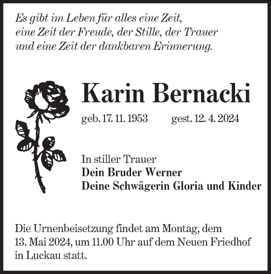 Traueranzeige von Karin Bernacki von Lausitzer Rundschau