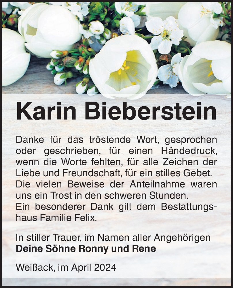  Traueranzeige für Karin Bieberstein vom 27.04.2024 aus Lausitzer Rundschau