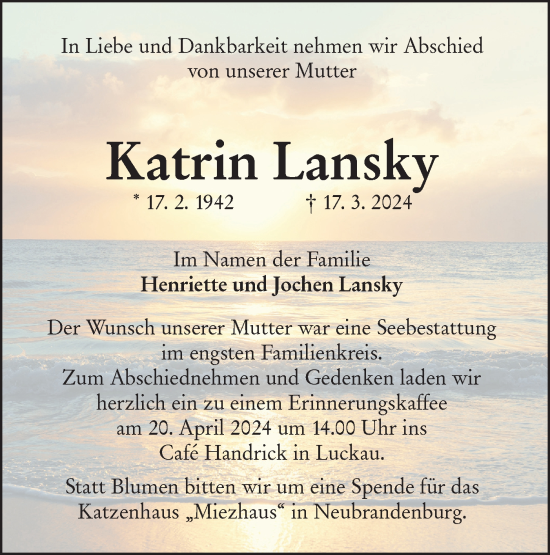 Traueranzeige von Katrin Lansky von Lausitzer Rundschau