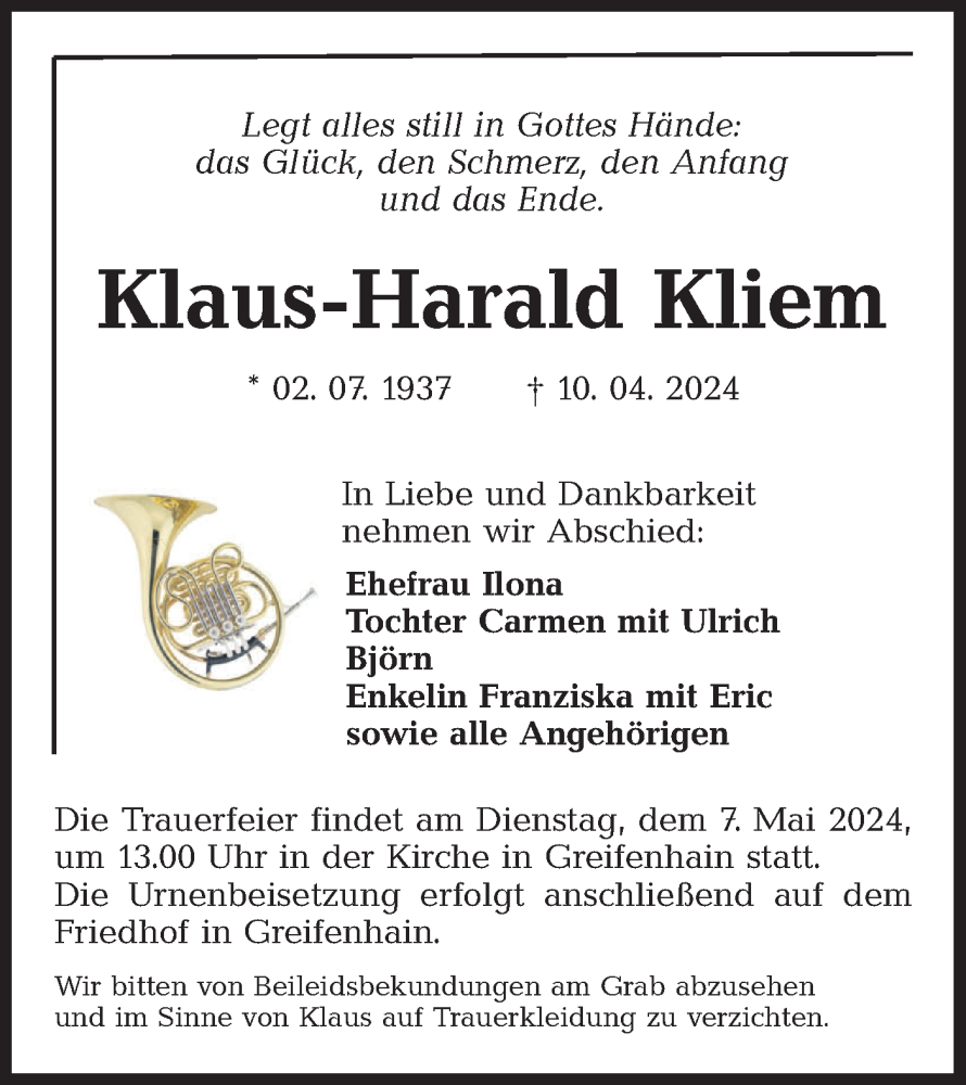 Traueranzeige für Klaus-Harald Kliem vom 20.04.2024 aus Lausitzer Rundschau