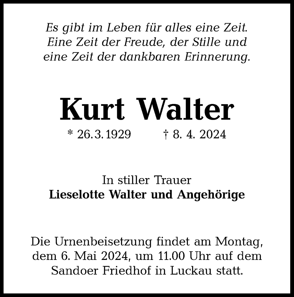  Traueranzeige für Kurt Walter vom 20.04.2024 aus Lausitzer Rundschau