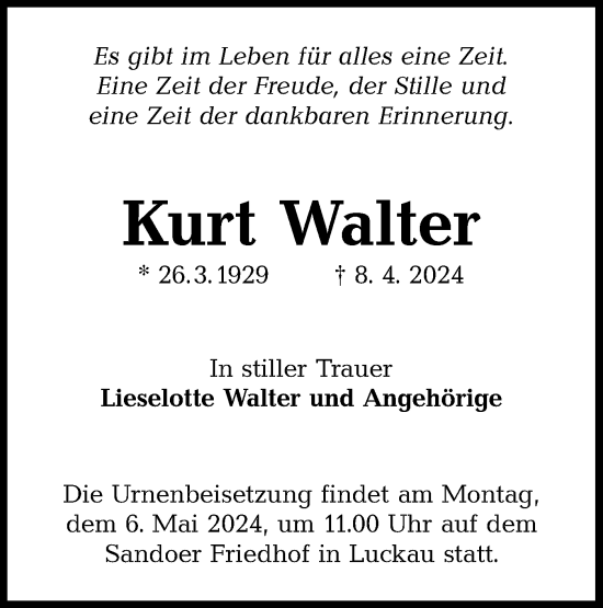Traueranzeige von Kurt Walter von Lausitzer Rundschau