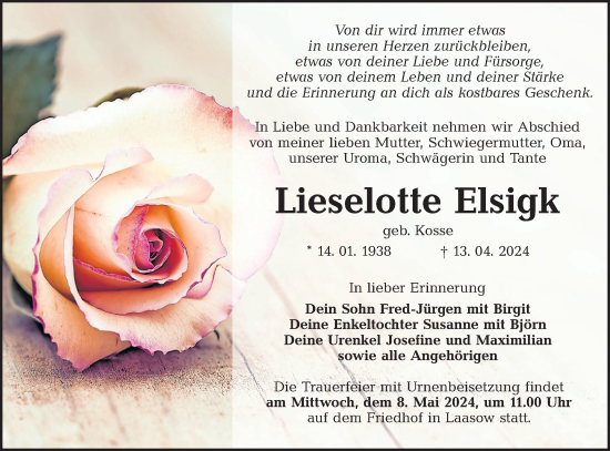 Traueranzeige von Lieselotte Elsigk von Lausitzer Rundschau
