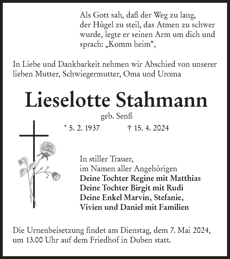  Traueranzeige für Lieselotte Stahmann vom 20.04.2024 aus Lausitzer Rundschau