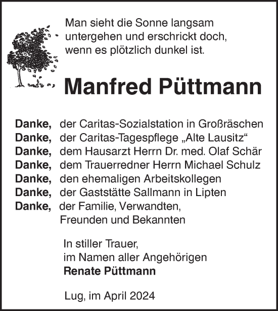 Traueranzeige von Manfred Püttmann von Lausitzer Rundschau