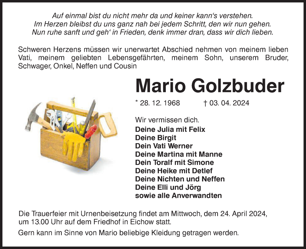  Traueranzeige für Mario Golzbuder vom 13.04.2024 aus Lausitzer Rundschau