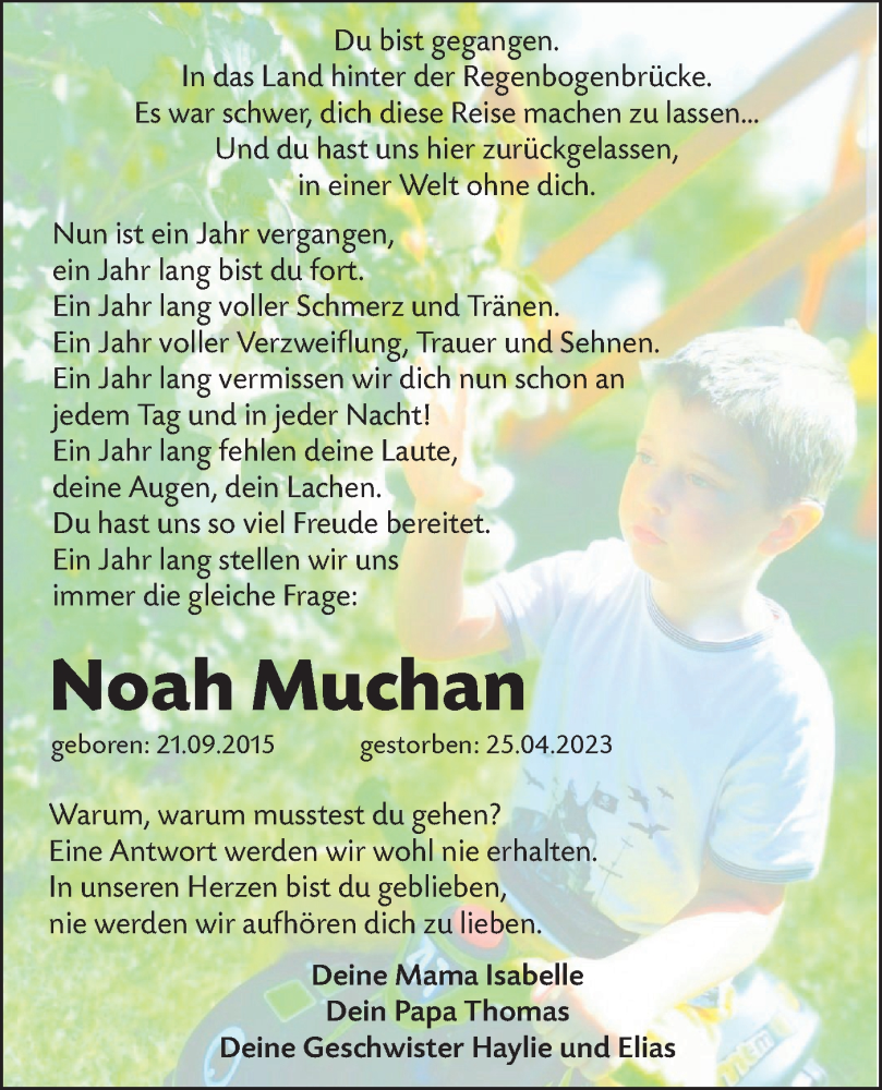  Traueranzeige für Noah Muchan vom 27.04.2024 aus Lausitzer Rundschau