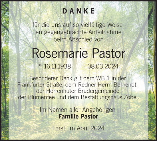 Traueranzeige von Rosemarie Pastor von Lausitzer Rundschau