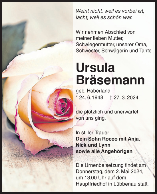 Traueranzeige von Ursula Bräsemann von Lausitzer Rundschau