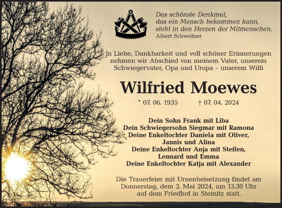 Traueranzeige von Wilfried Moewes von Lausitzer Rundschau