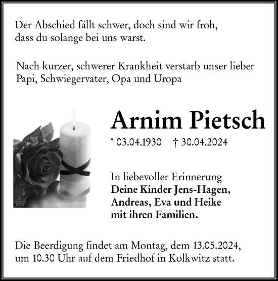 Traueranzeige von Armin Pietsch von Lausitzer Rundschau