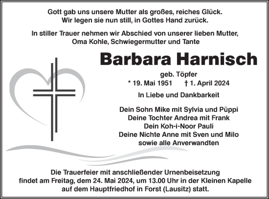 Traueranzeige von Barbara Harnisch von Lausitzer Rundschau